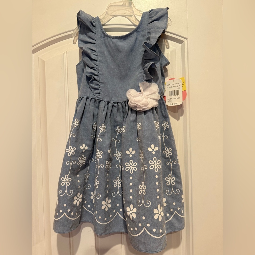 Youngland Blue Dress with White Floral Embroidery
